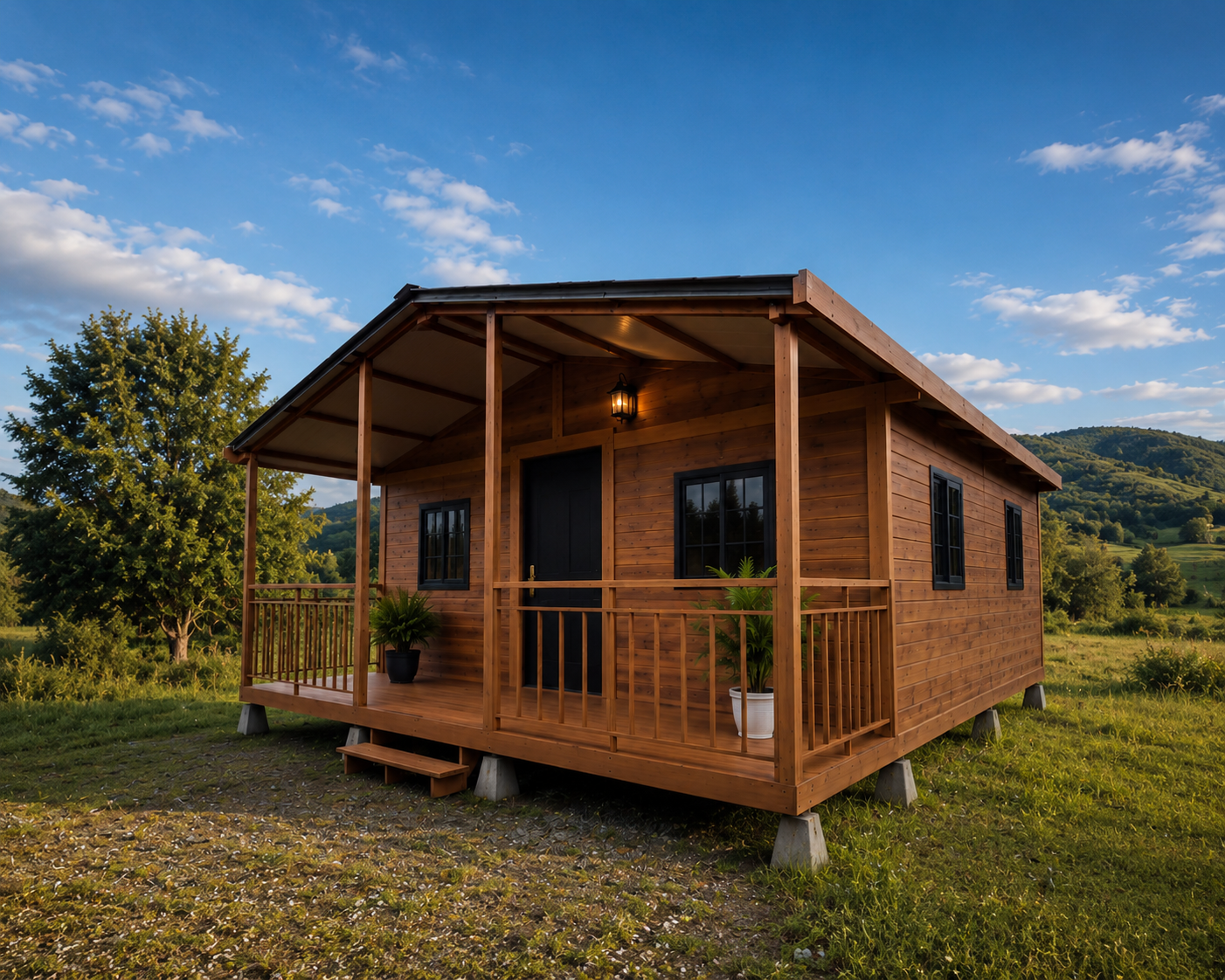 Tu Casa Prefabricada, fachada con terraza, foto real